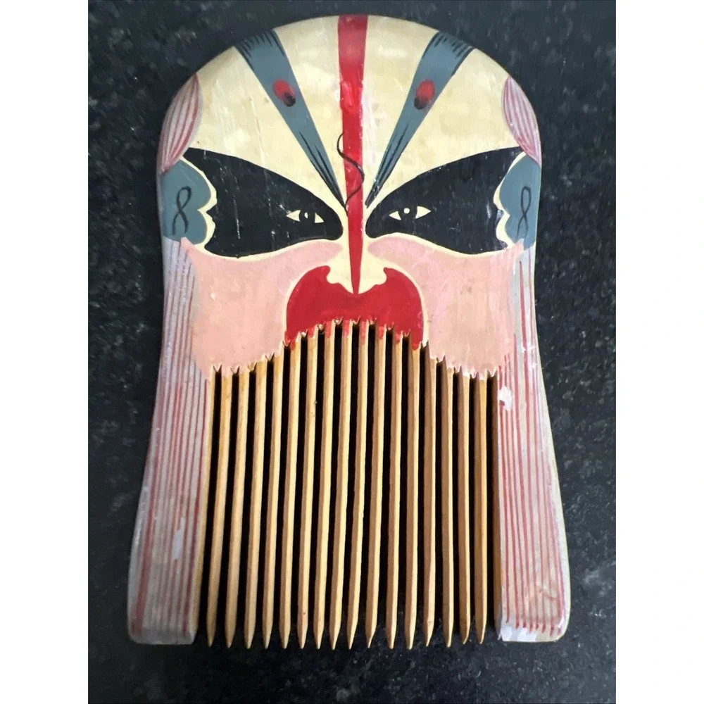 Traditional Chinese Hand Painted Wooden Comb Chinese Opera Mask 3 1/2 Inches